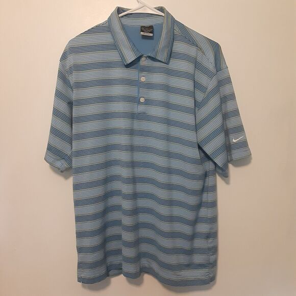 Nike Polo Shirt Mens Medium Blue Striped Dri Fit UV Golf Short Sleeve Swoosh - Picture 1 of 7